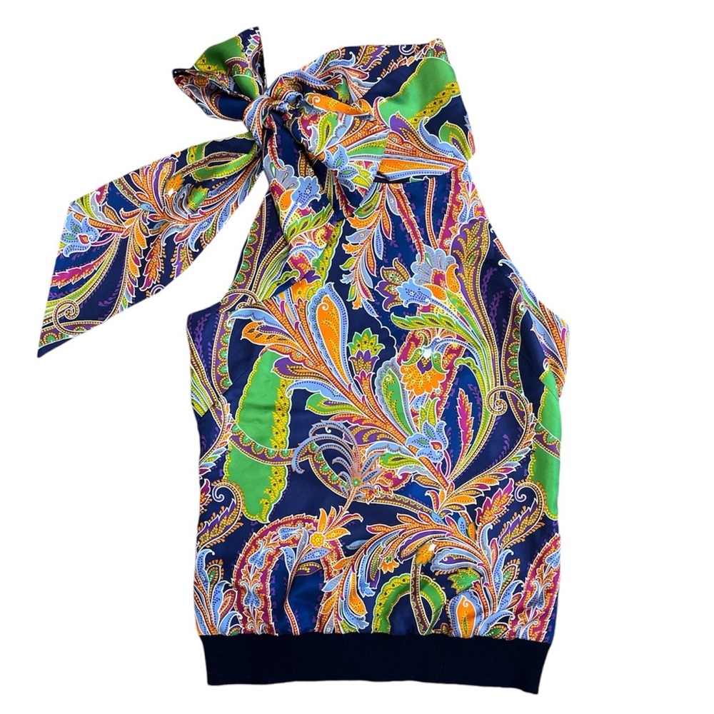 Ralph Lauren Black Label Silk Cashmere High Neck Bow Sweater Blouse Paisley